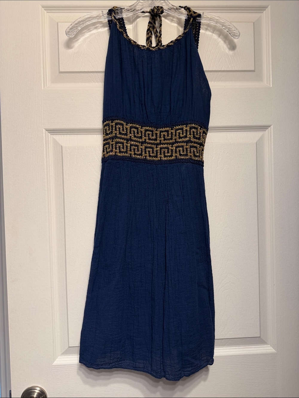 Navy Blue Halter Dress with Greek Key Gold Embroidered Waist NWT